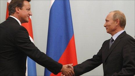 David Cameron and Vladimir Putin shake hands