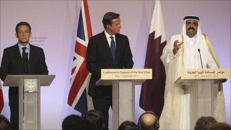 British Prime Minister David Cameron, French President Nicolas Sarkozy and Qatar's Sheikh Hamad bin Khalifa al Thani on 1 Saturday