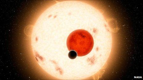 An artist's conception of Kepler-16b, which orbits two stars