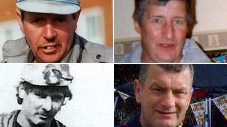 The four miners who died: Charles Breslin, Phillip Hill (top) and Garry Jenkins and David Powell (bottom, left to right)
