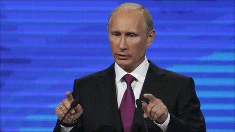 Russian Prime Minister Vladimir Putin addresses the United Russia party congress in Moscow on Saturday, Sept. 24, 2011.