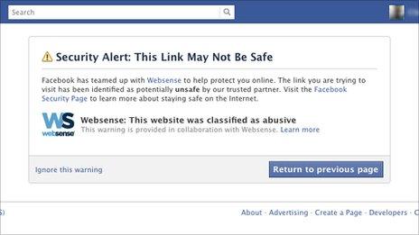 Screenshot of the Websense malware warning on Facebook.