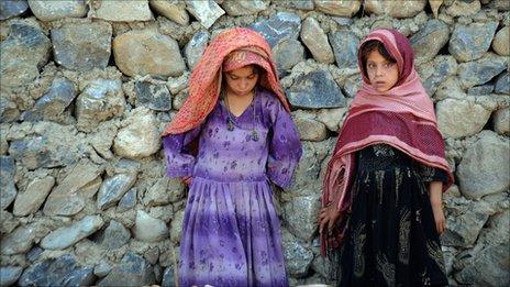 Young village girls stand next to wall in Sabari district in eastern Khost province