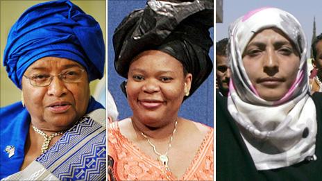 Liberian President Ellen Johnson Sirleaf, Liberian activist Leymah Gbowee and Yemeni activist Tawakkul Karman