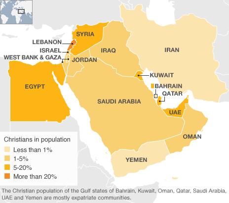 Map of Middle East showing number of Christians in population
