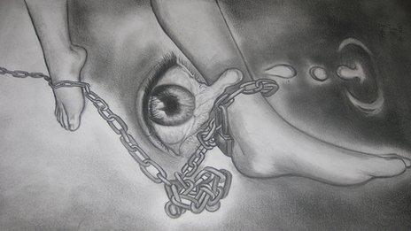 A drawing depicting people who suffers from being shackled for their mental illness