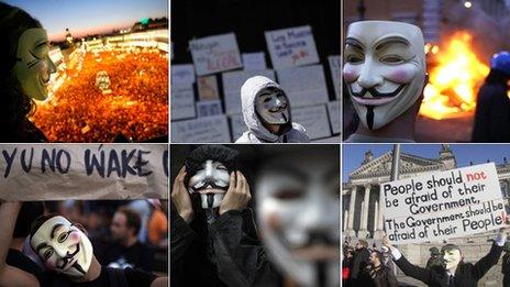 Clockwise from top left - Masked protesters in Madrid, Mexico City, Rome, Berlin, Hong Kong, Lisbon