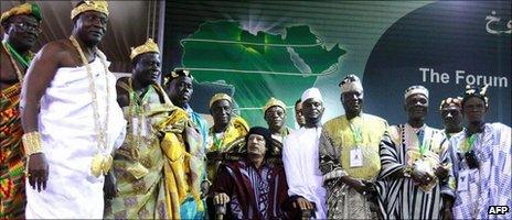 Col Muammar Gaddafi with African traditional leaders (archive shot)