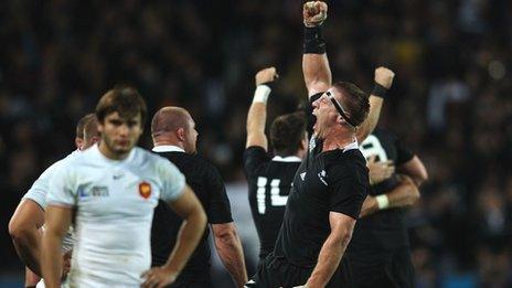 NZ lock Brad Thorn celebrates victory