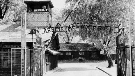 Entrance to Auschwitz concentration camp - April 1945