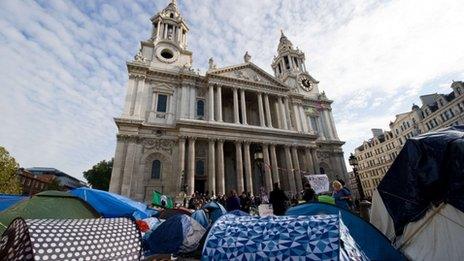 Tents camped outside St Paul's Cathedral in London