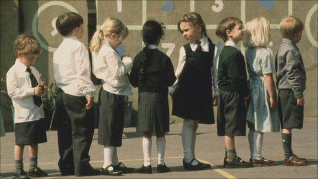 children standing in line at school