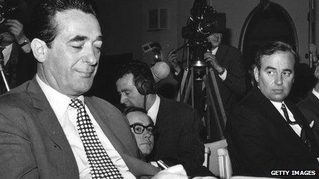 Robert Maxwell and Rupert Murdoch during voting on the takeover of the News of the World in 1969