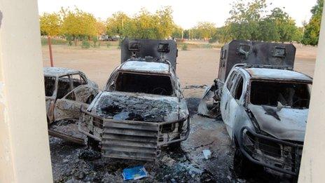A photo taken on November 6, 2011 police patrol vehicles burnt on November 4 at the state police headquarters by members of the Boko Haram Islamist sect in Damaturu, Yobe State, in northeastern Nigeria.
