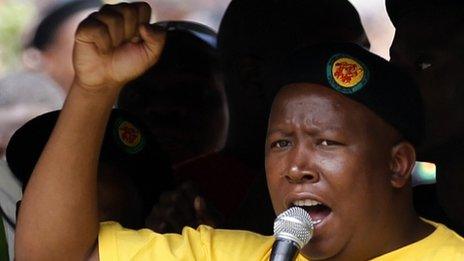 Former Youth wing leader Julius Malema of the ruling African National Congress (ANC) takes part on October 27, 2011 in a demonstration to demand jobs and a greater share of South Africa's riches in Johannesburg on October 27, 2011.