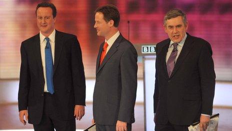 David Cameron, Nick Clegg and Gordon Brown in the last of 2010's prime ministerial debates