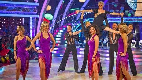 Angela Rippon and some of the BBC's female newsreaders perform a Strictly Come Dancing routine for Children In Need