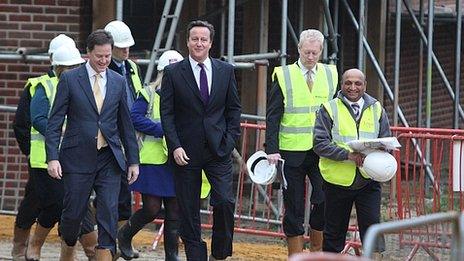 Nick Clegg and David Cameron at a building site in Surrey
