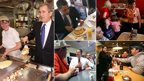 On the campaign trail in a diner (clockwise from left): George W Bush, Barack Obama, Sarah Palin, Mitt Romney, Al Gore