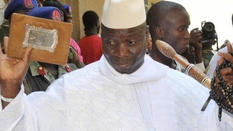 The Gambia's President Yahya Jammeh at a polling station in Banjul, The Gambia, on Thursday 24 November 2011