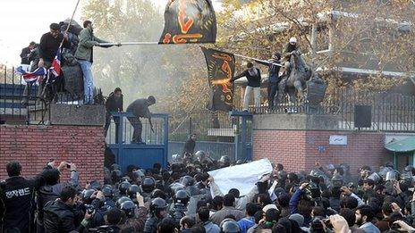 Protesters break through UK embassy gates in Tehran. 29 Nov 2011