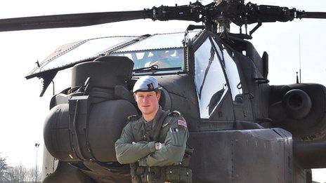 Prince Harry with an Apache helicopter