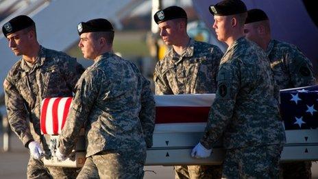 The remains of a US soldier arrive at Dover Air Force Base on 12 November 2011