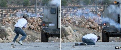 Palestinian protester Mustafa Tamimi before (L) and after he was hit in the face by a tear gas canister fired by Israeli troops during a weekly rally against Israel's controversial separation barrier in the West Bank village of Nabi Saleh on 9 December 2011