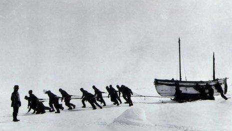 Sir Ernest Shackleton watches his crew haul the James Caird after their ship, Endurance, broke up (Imperial Trans-Antarctic expedition 1914 - 1916)