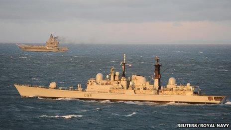 HMS York and Admiral Kuznetsov. Pic: Reuters/Royal Navy/MoD