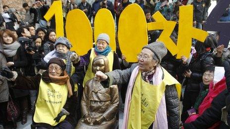 A former South Korean comfort woman Kil Un-ock, right, who was forced to serve for the Japanese Army as a sexual slave during World War II, shouts slogans with other comfort women in front of the Japanese Embassy in Seoul, South Korea