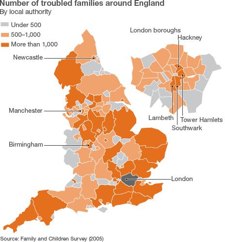 A map showing areas with "troubled" families