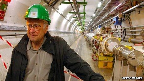 Prof Peter Higgs inside the Large Hadron Collider tunnel at the European Organization for Nuclear Research (Cern)