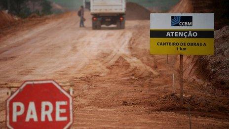 A sign warns drivers of construction work for the Belo Monte dam
