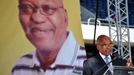 South African President Jacob Zuma addresses the crowd during a celebration of the 50th anniversary of the African National Congress" (ANC) former armed wing Umkhonto WeSizwe (MK) at the Orlando Stadium in Soweto on December 16, 2011.
