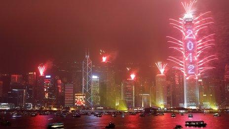 Hong Kong's skyline lit up by fireworks