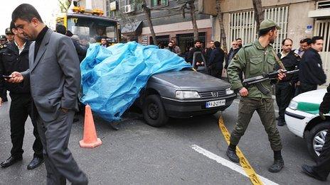 Wreck of blown up car in Tehran. 11 Jan 2012