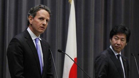 US Treasury Secretary Timothy Geithner, left, and his Japanese counterpart Jun Azumi in a joint press conference in Tokyo, Thursday, Jan. 12, 2012