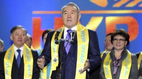 President Nursultan Nazarbayev delivers a speech during a rally held by activists and supporters of the ruling party in Astana, 16 January 2012