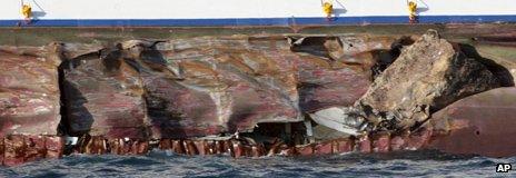 Damaged hull of ship