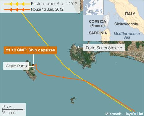 Map of Costa Concordia's route