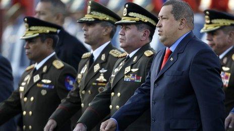 President Hugo Chavez, right, and incoming Defense Minster Gen Henry Rangel Silva, second from right, on 17 January 2012