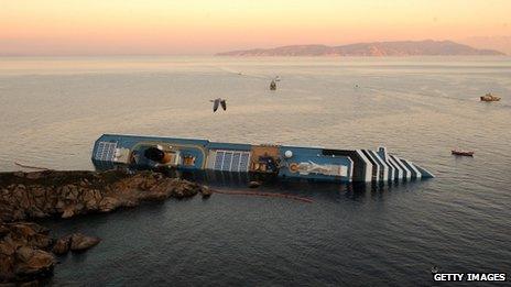 The Costa Concordia lies on its side off Giglio island, 18 January 2012.