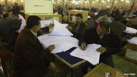 Egyptian election staff members count votes in a polling station during parliamentary run-off elections at Shubra in El-Kalubia, on the outskirts of Cairo, January 11, 2012