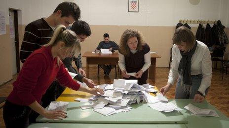 Votes being counted at a polling station in Zagreb