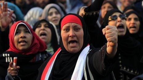 Women at a rally honouring demonstrators killed in clashes with security forces in Tahrir Square, Cairo (23 January 2012)