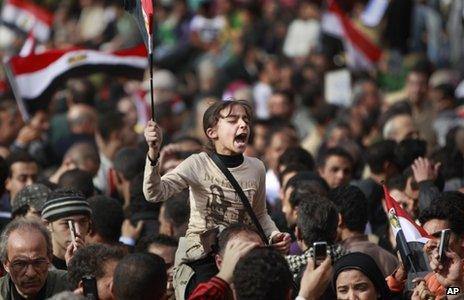 A girl shouts at a protest in Tahrir Square (4 February 2011)