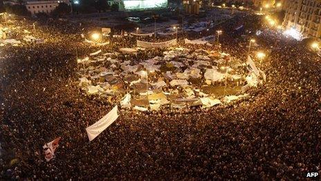 Thousands of anti-government demonstrators in Cairo's Tahrir Square (8 February 2011)