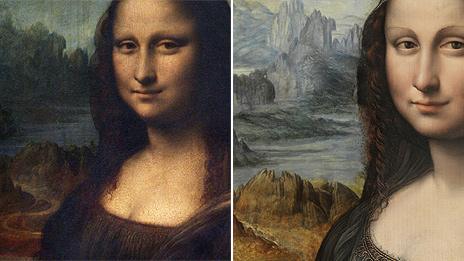 Original and replica Mona Lisa paintings side-by-side