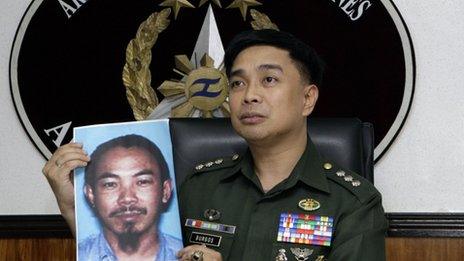 Armed Forces of the Philippines spokesman Col. Marcelo Burgos shows a picture of Malaysian Zulkipli bin Hir, also known as Marwan, a top leader of the regional, al Qaida-linked Jemaah Islamiyah terror network, during a press conference Thursday, Feb. 2, 2012 in suburban Quezon City, north of Manila, Philippines.